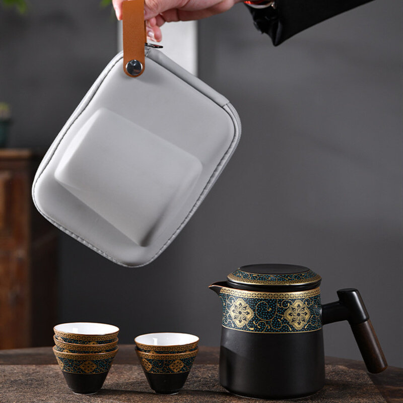 木柄便携式旅行茶具套装陶瓷户外随身茶水分离马克杯泡茶器收纳包