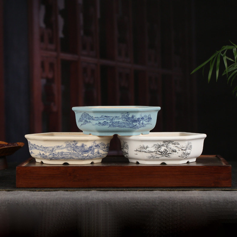 宜兴精品紫砂彩绘花盆创意仿古六方印花桌面装饰盆景批发YXCH17