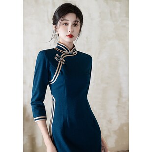 速发新中式蓝色旗袍中国风年轻款日色高端简雅大方优单纯常走秀演