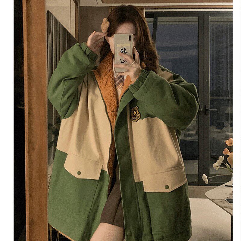 现货学院风棉服h女冬季新款双面穿撞色设计感连帽棉衣宽松小众潮