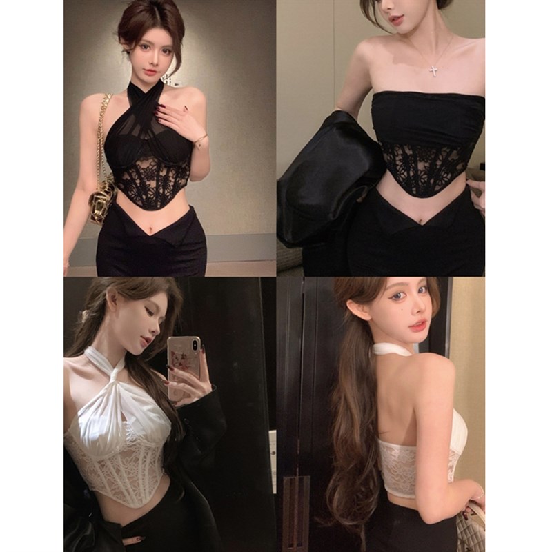 速发美式韩版设计心鱼骨蕾丝胸衣挂脖露背多穿法性感背款抹胸短感