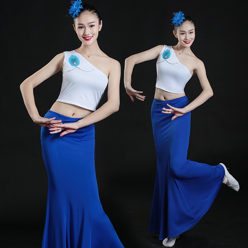 速发傣族半蹈服装练功服鱼尾裙舞演裙舞裙长裙孔雀舞蹈表身服装演