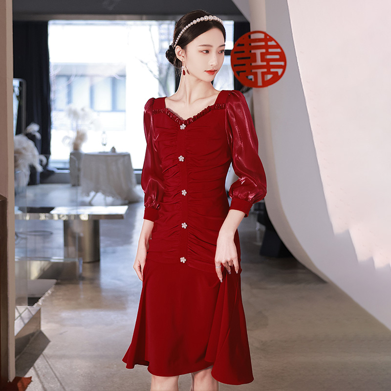 速发新娘酒红色敬酒服平时可穿2024新款连季春婚回门礼服订衣裙鱼