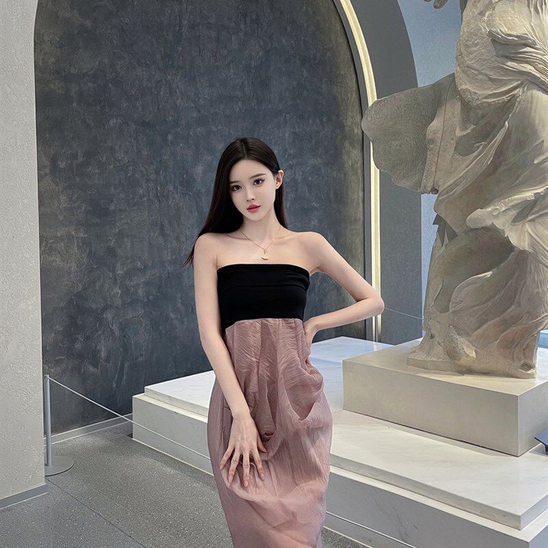 速发撞色超胸连衣裙裹胸露度三亚沙滩裙海边背假抹仙