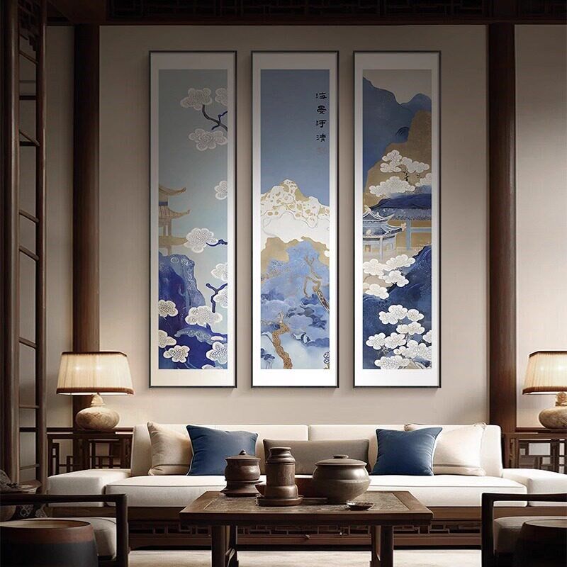 速发新中式建筑风景装饰画客厅背景墙竖版三联壁画青花瓷禅意茶室