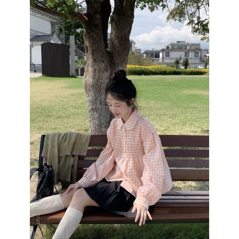 速发少粉设格子宽松长小甜美清新袖众色计感衬衣纯色半裙套装
