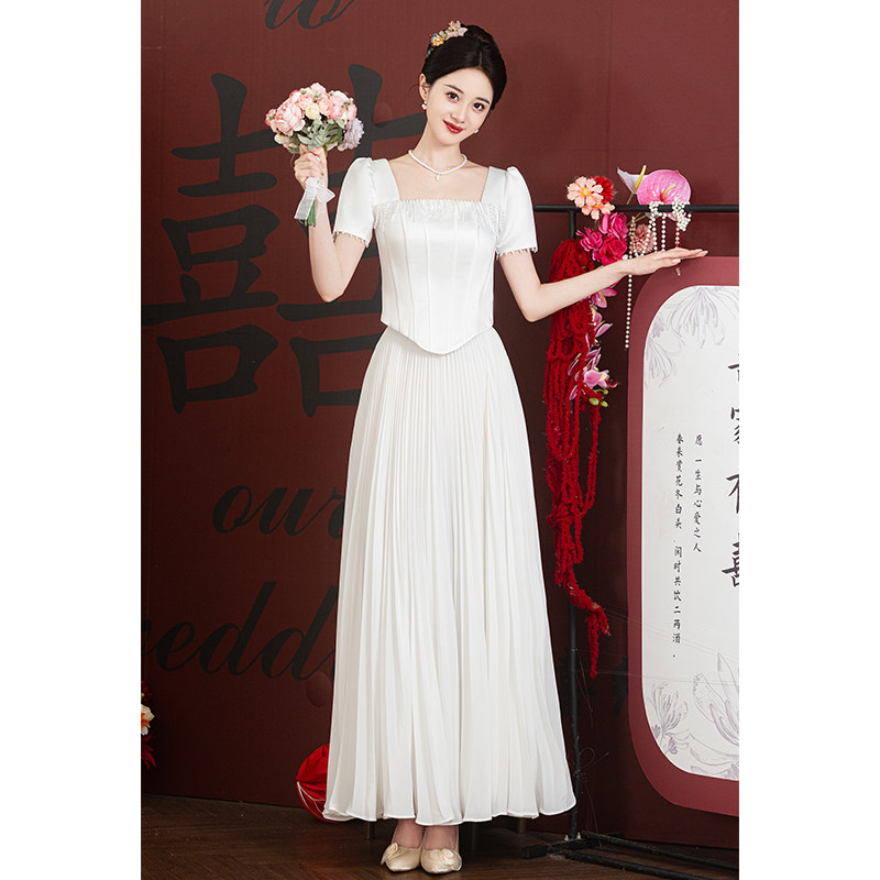 速发白褶鱼骨礼服小个子订婚衣服百服半身长裙高级感新娘敬酒色两