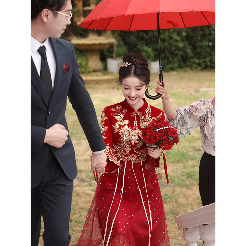 速发孕妇敬酒服新娘高级感子结旗袍遮肚小个中式婚订婚礼服裙大码