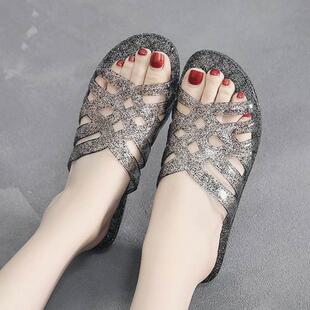 速发新款中跟果冻水晶拖鞋塑料内明坡跟洗澡防滑凉拖鞋字室透一浴