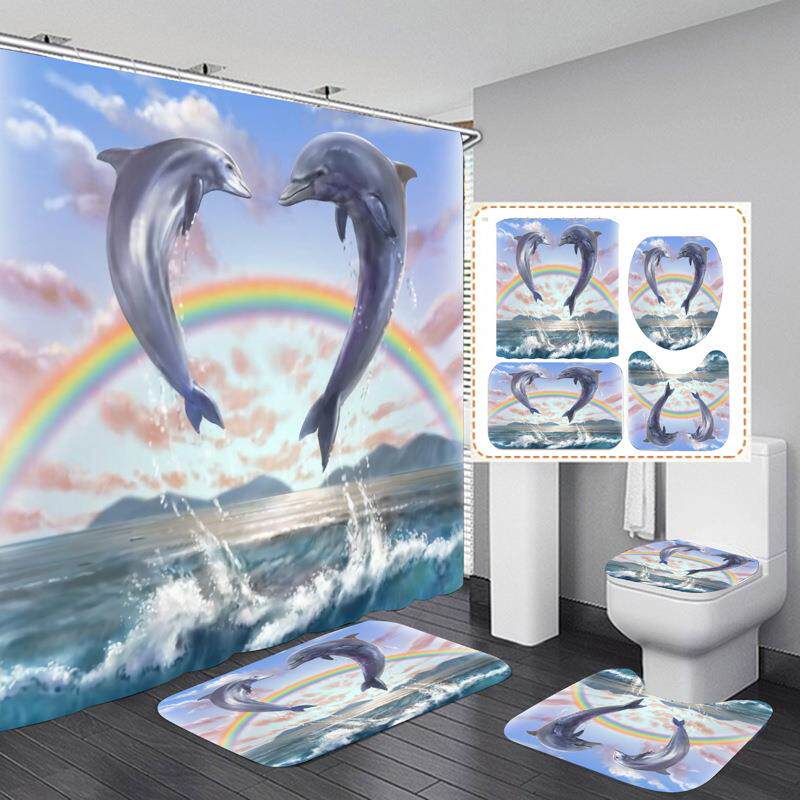新款直销海豚浴帘套装免打孔浴室防水布防霉卫生间淋浴加厚隔断帘