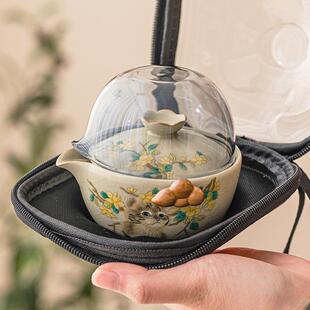 直销新款 包户外露营泡茶快客杯 萌猫汝窑手抓壶旅行茶具套装 便携式