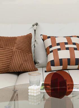 焦糖色条绒不规则粗拼接设计抱枕现轻沙发BZ220415靠枕套样代板房