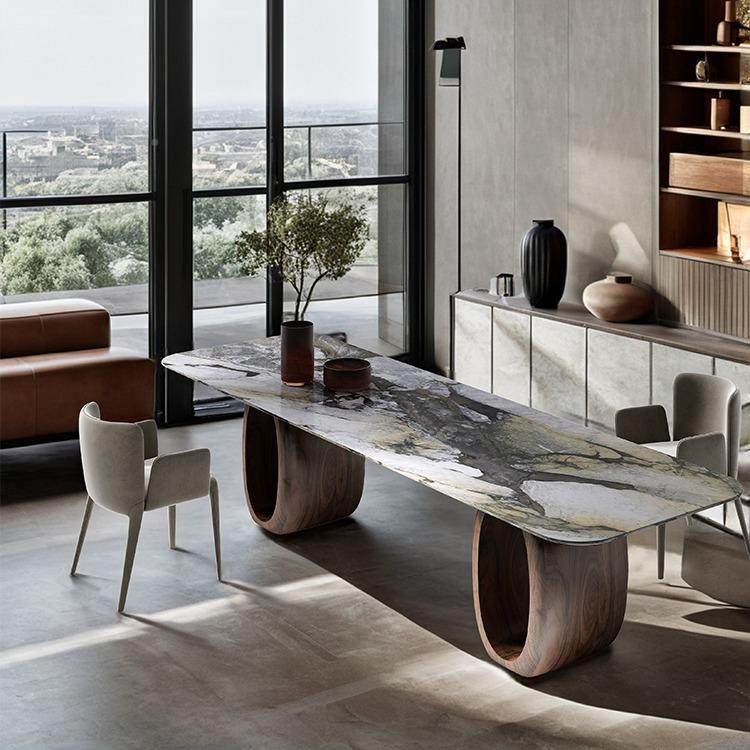天大理石餐桌长方形意式轻奢胡桃木饭代现简VWF约别墅设然计师创