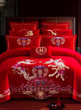 端全棉婚大红色四件套新婚纯棉AZP中式高凤龙刺绣结婚陪嫁床单庆