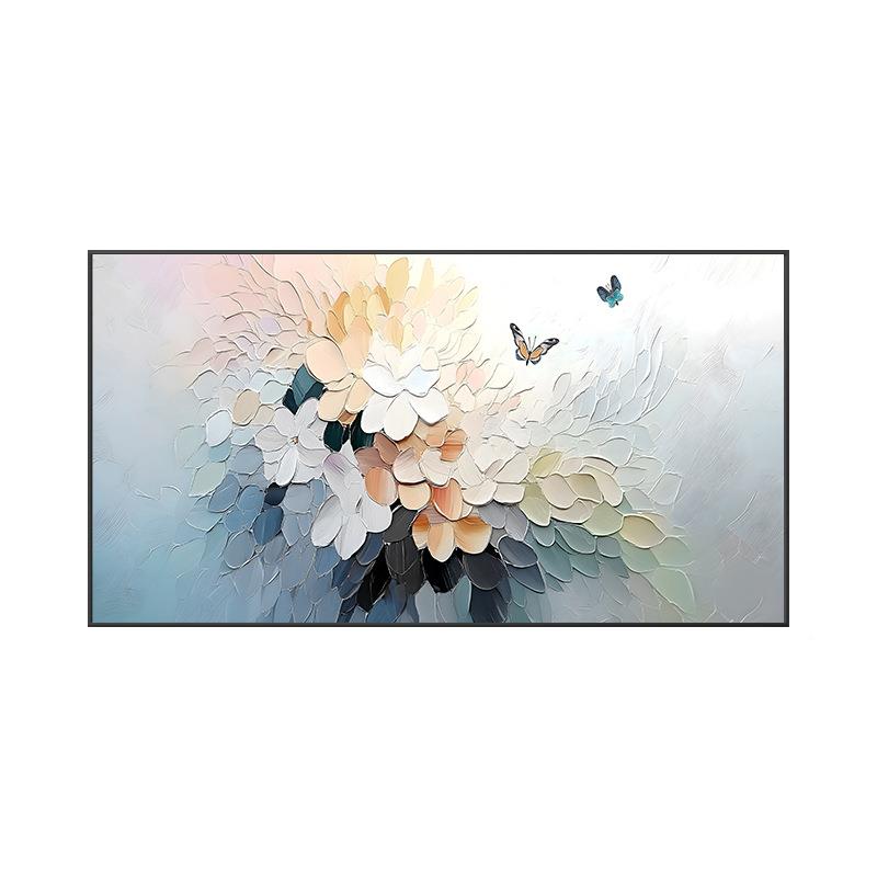 奶油花卉蝶客厅装饰画蓝XTL色横款卧蝴室床挂画肌理感沙发墙头壁
