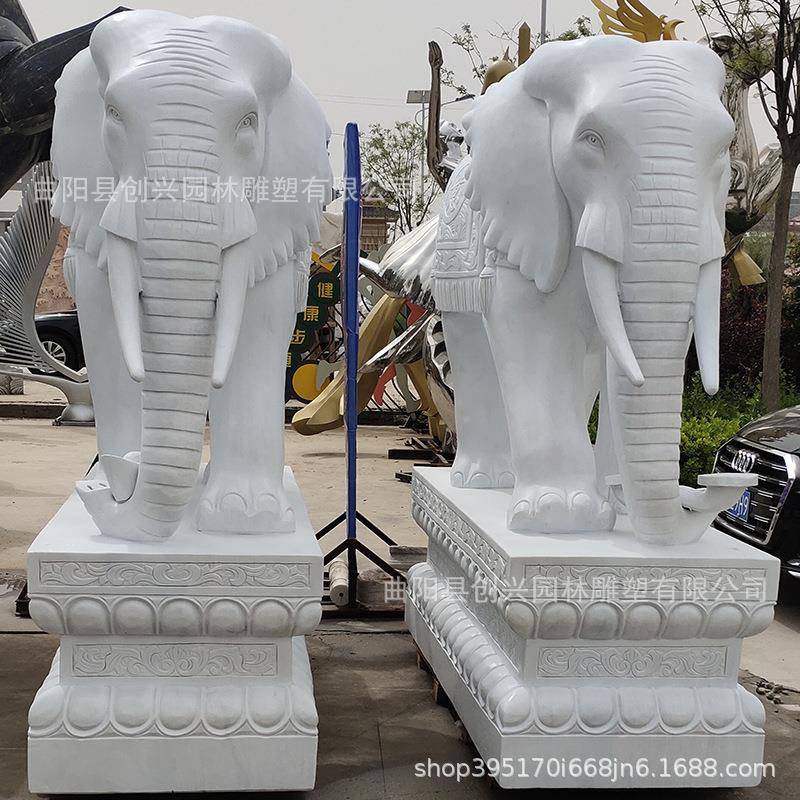 厂家大石玉135雕型大象一对汉白门口摆件中式庭院别墅公招司吸水