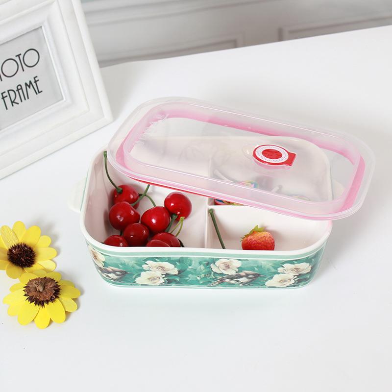 耐热带陶长JIL瓷方形分隔饭盒保鲜盖碗学生鲜饭保菜密封骨瓷便当