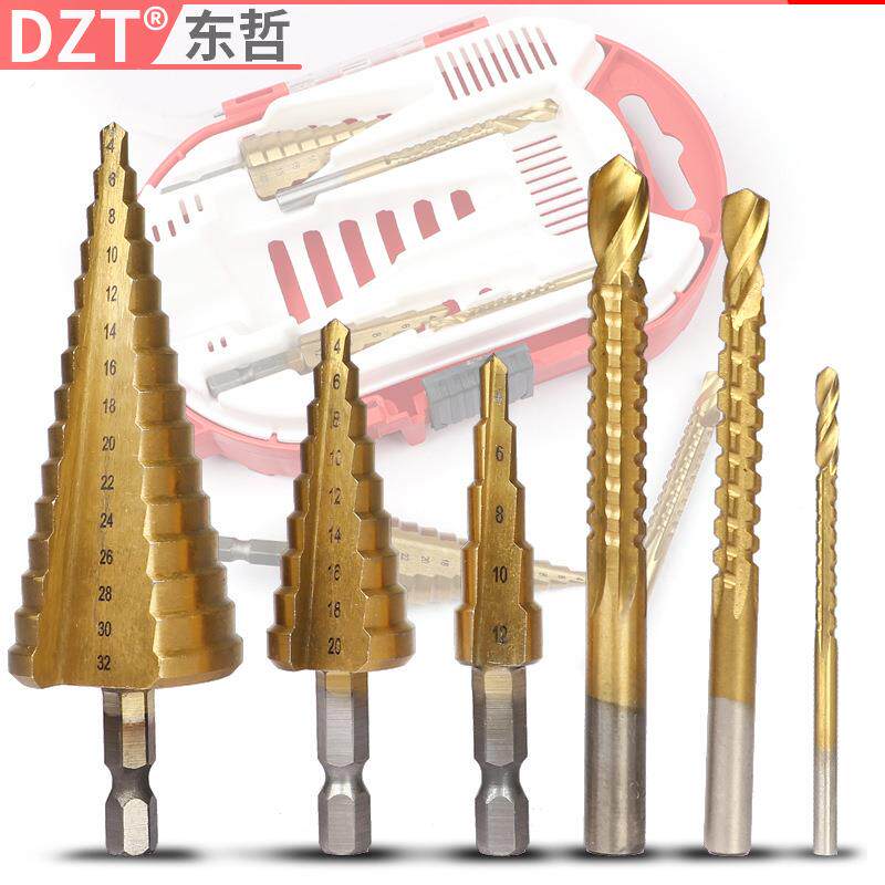 直销新款宝塔钻6pcs高速钢4241镀钛套装三角柄阶梯钻钻头木工拉槽