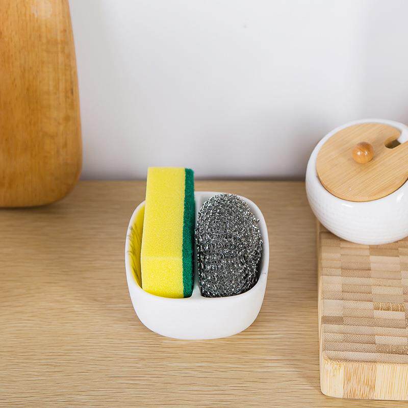 直销新款厨房水槽海绵架双格储存置物白色树脂浴室台面收纳盒配清