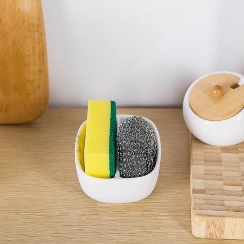 直销新款厨房水槽海绵架双格储存置物白色树脂浴室台面收纳盒配清