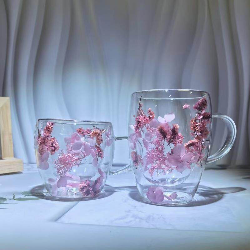 直销新款双层真花杯子伴手礼小众高级玻璃杯高颜值实用小礼品女生