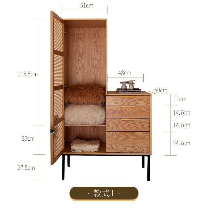 日式藤编家用实木衣柜简约卧室单门四抽落地衣柜复古左右可选柜子