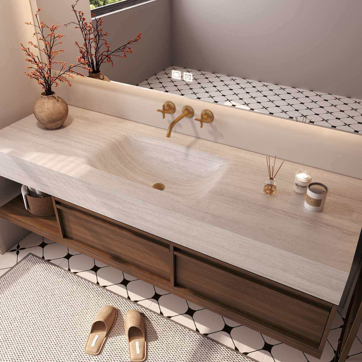 中古风洞石色岩板热弯无缝一体盆浴室柜组合卫生间洗漱台盆洗手池