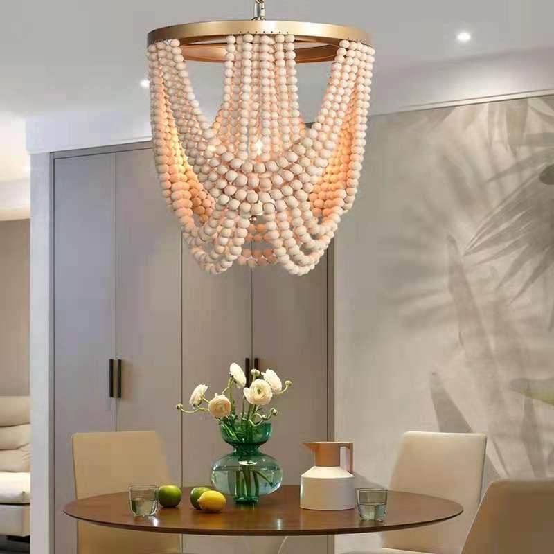 法式田园床头小吊灯女孩公主卧室儿童房衣帽间美式乡村木珠灯具