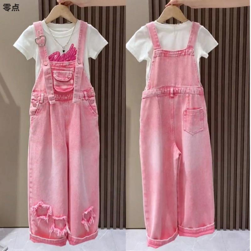 女童牛仔背带裤套装2025新款潮洋气网红春夏装宽松炸街中大童裤子图片
