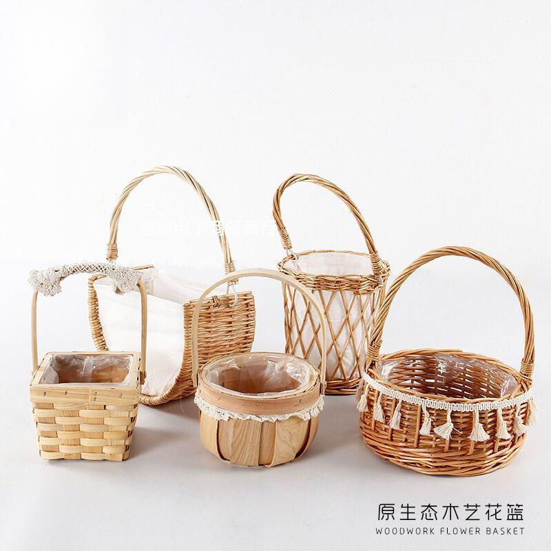 @`欧式手提花篮插花竹篮收纳篮编织鲜花大号工艺品室内竹编篮竹筐