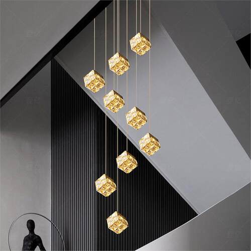 新款 轻奢魔方水晶楼梯吊灯别墅loft中空旋转自建房复式楼长吊灯