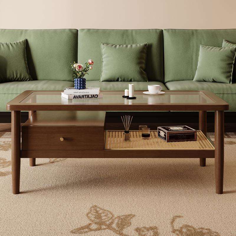 美式复古实木茶几小户型客厅中古风小型矮桌边几玻璃藤编小茶桌子