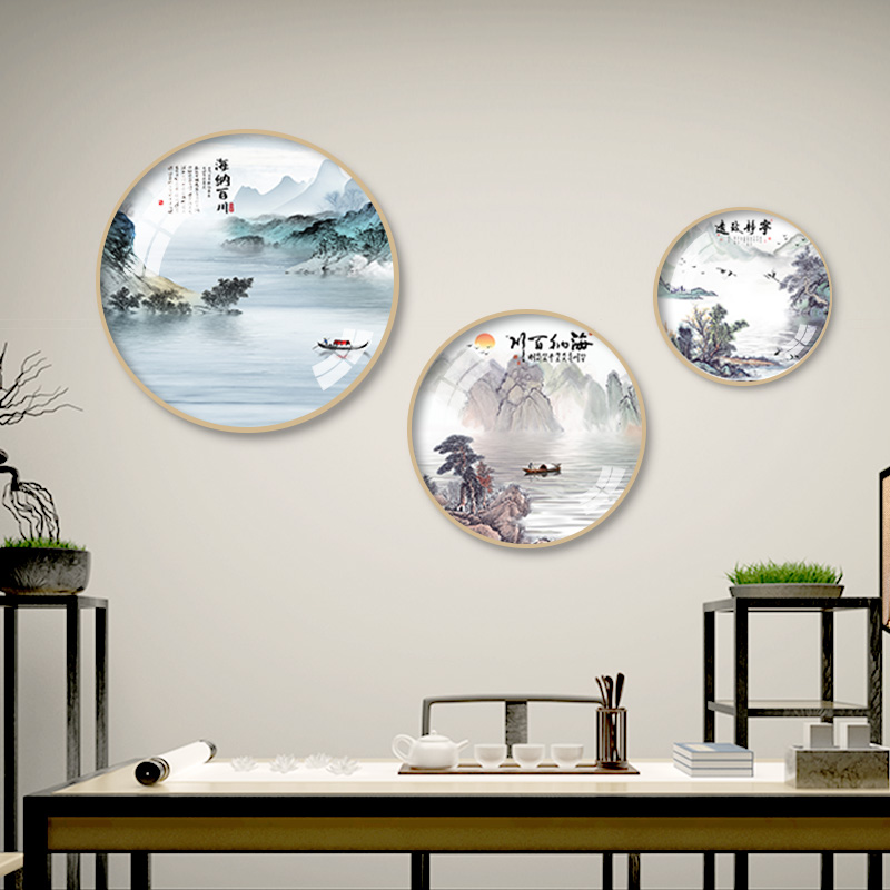 速发海纳百川客厅装饰画新中式玄关画圆形书房茶室壁画沙发背景墙