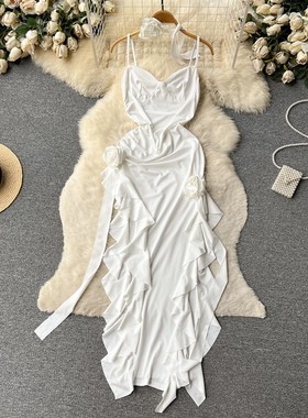 速发性感纯欲则白色抹胸连衣裙小众超仙不规风荷度边裙高级感叶假