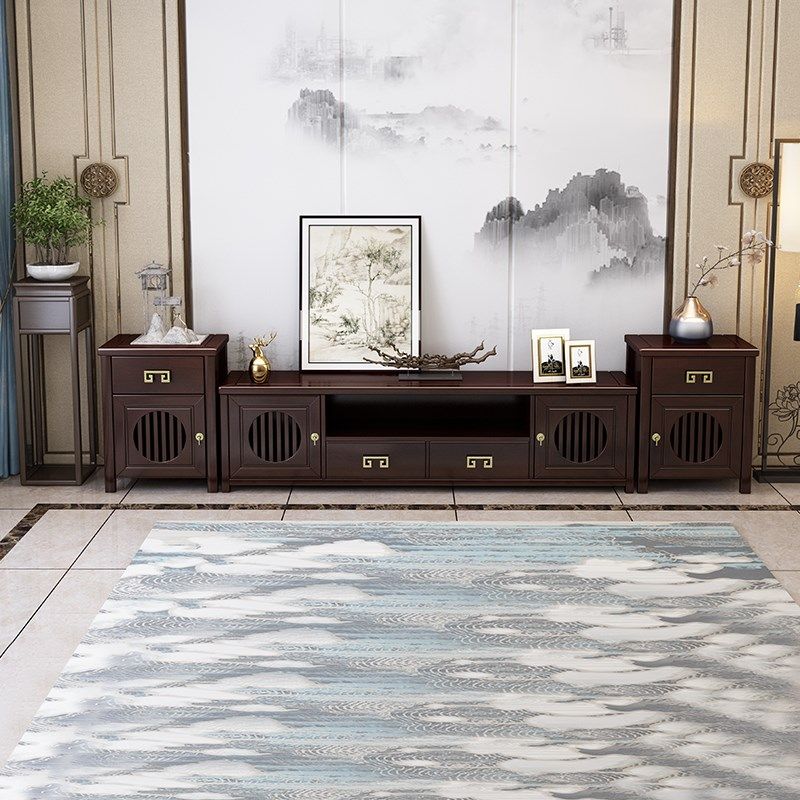 速发新中式实木电视柜客茶家用地家储物柜子紫檀色厅几组合柜具