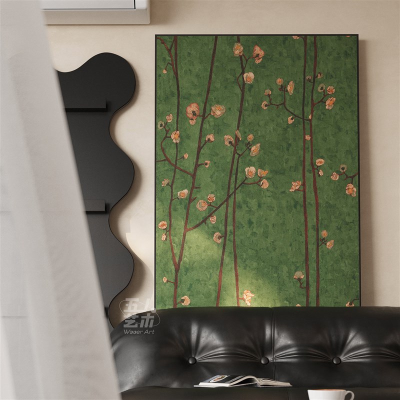 速发绿野仙葩》风客厅装饰画中式玄关竖版挂画南洋风绿色壁画梅花