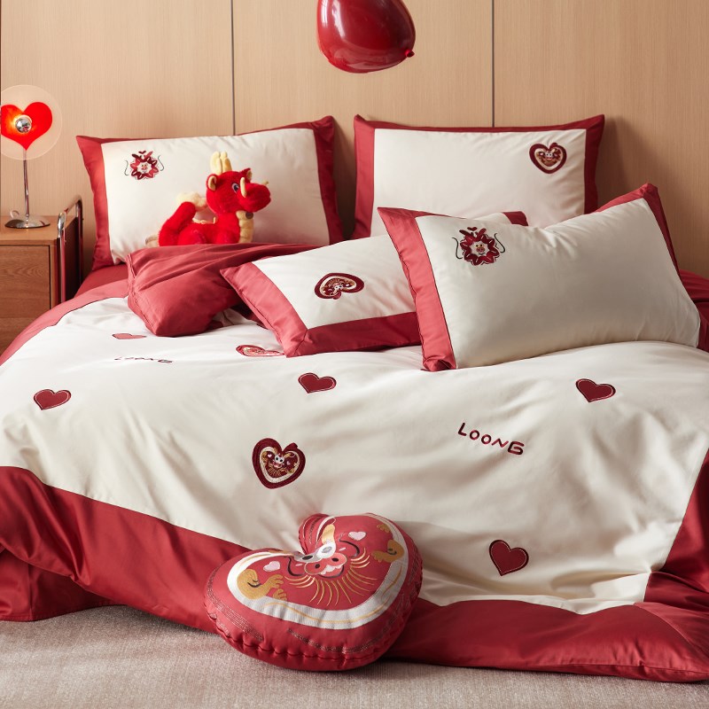 速发轻奢高级感红色四件婚结全100S婚棉喜被套庆简约婚嫁套件