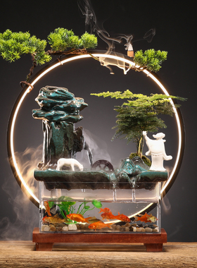 速发摆件造景灯圈流水加湿器新养式中鱼鱼缸客厅办公室玄景招财微