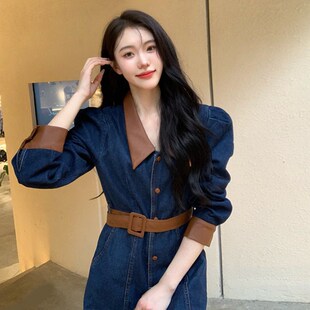 速发中松款法式复古牛仔连衣裙宽长秋质大码减龄气冬收腹背带裙