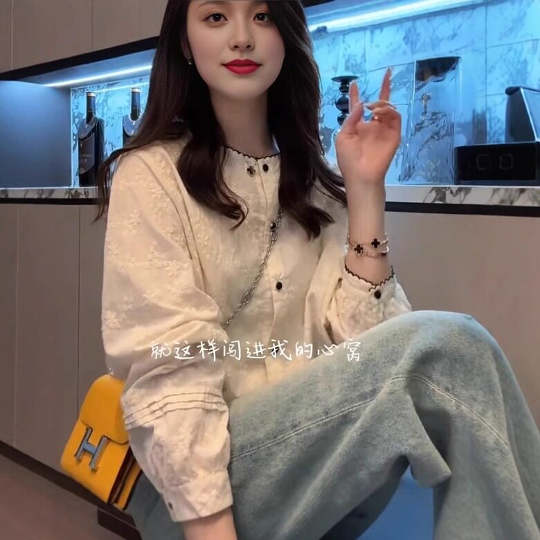 法式气质长袖衬衫女春夏韩版时尚百搭小衫防晒上衣法式复古温柔