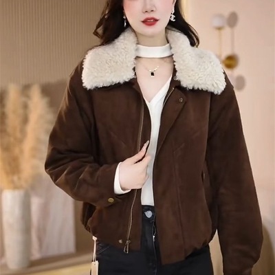 鹿皮绒可拆毛领棉衣女2025年冬季新款复古棕色加厚外套