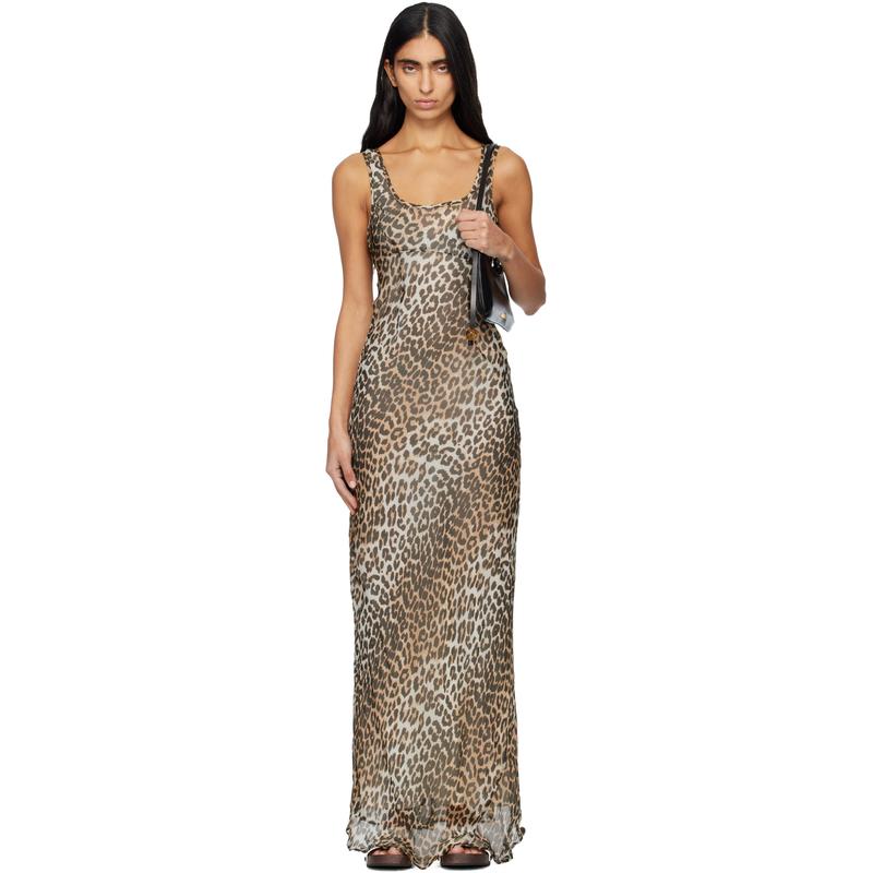 Ganni 女士 中长连衣裙 棕色 Printed Viscose Chiffon 连衣裙