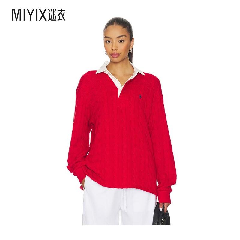 Polo Ralph Lauren拉夫劳伦 女款麻花扭纹针织棉质橄榄球衬衫 迷