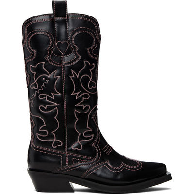 Ganni 甘尼 女士 中筒靴 黑色 Mid Shaft Embroidered Western