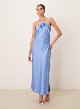 YAS 女士 中长连衣裙 挂脖缎面花饰蓝色长款连衣裙(provence)