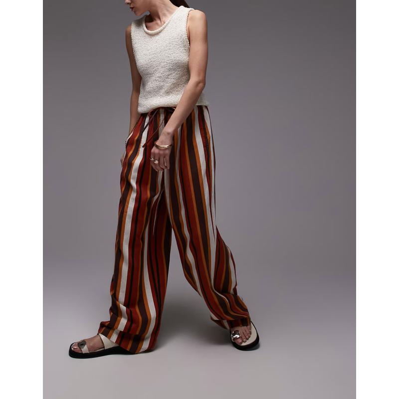 Topshop 女士 长裤 亚麻膨起巧克力色条纹裤子