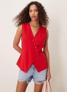 Abercrombie  Fitch 女士 马甲 长款不对称亚麻莎莎舞红色背心