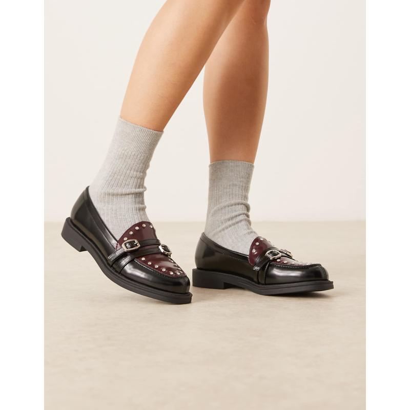 ASOS DESIGN 女士 鞋靴 Molly 设计双搭扣酒红色便鞋(黑色)
