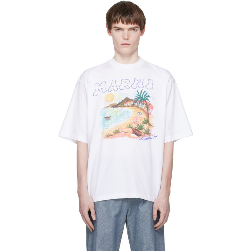 Marni 玛尼 男士 T恤 白色 Cotton Marni Beach Postcard Print图片