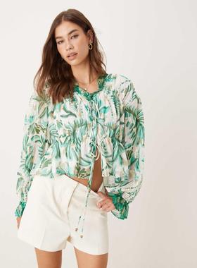 Hope  Ivy 女士 上衣 褶皱前襟绑带膨起袖绿色上衣